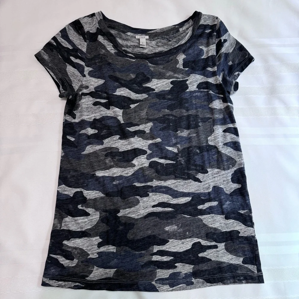 J. Crew Camo Crewneck Tee Small Black Navy Gray Cotton Blend Fitted